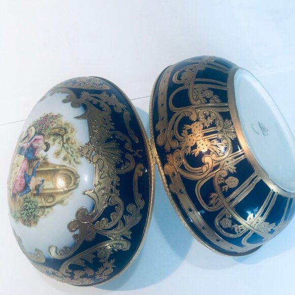 Elegant Extra Large Decorative Egg Trinket Box Cobalt Blue Gold, Courting Couple - Picture 3 of 9